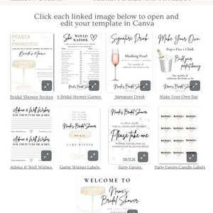 Op de afbeelding: Een verzameling afdrukbare sjablonen voor een bruidsdouche met het thema "Pearls and Prosecco". Inclusief uitnodigingen, spellen, borden voor kenmerkende drankjes, advieskaarten, gunstlabels en een welkomstbord. De ontwerpen bevatten elegante lettertypen en aquarel illustraties.