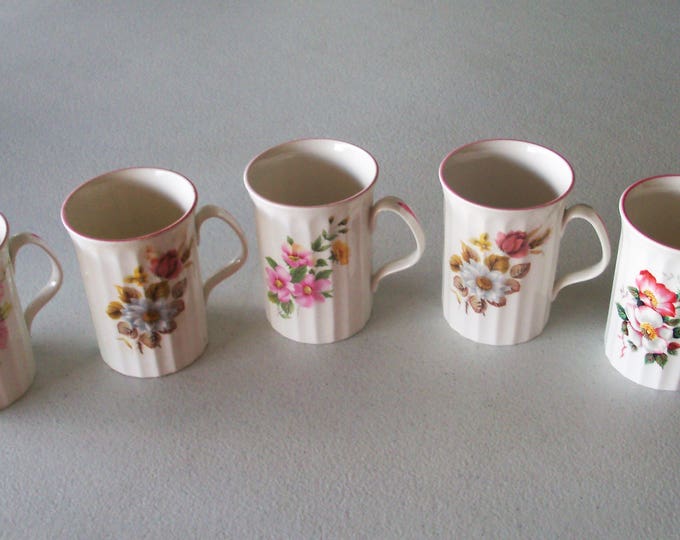 Queensway England Fine Bone China 5 Mugs Ribbed Floral Bouquet Etsy