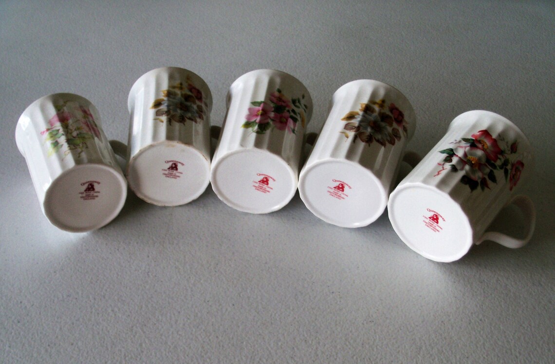 Queensway England Fine Bone China 5 Mugs Ribbed Floral Bouquet Etsy