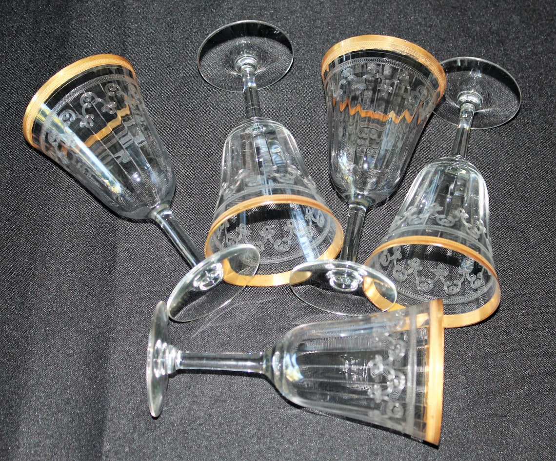 Tiffin Etched Gold Encrusted Pattern 14196 Set of Five Glasses Etsy