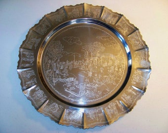 Art Prata Inox Metal Serving Tray Decorated With Pictures Of Indians