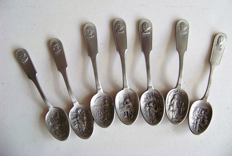 Pewter Spoons Collectors Set of Seven Famous People Etsy