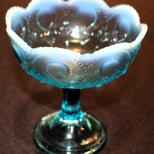 Blue Opalescent Art Glass Footed Compote