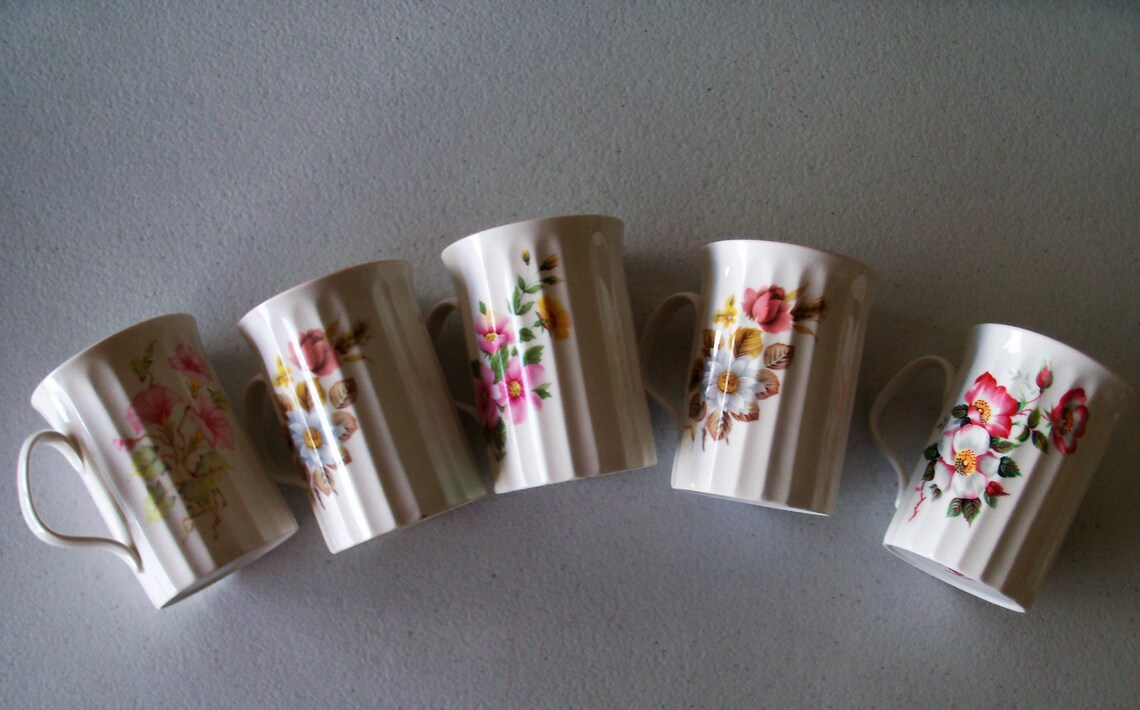 Queensway England Fine Bone China 5 Mugs Ribbed Floral Bouquet Etsy