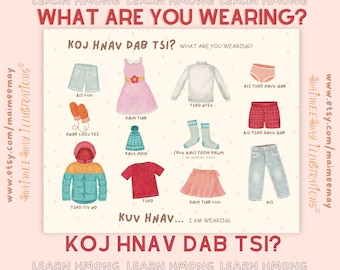 Lerne Hmong - Was trägst du? - Englisch/Hmong - Wandkunst - Von Maimee May Illustrationen