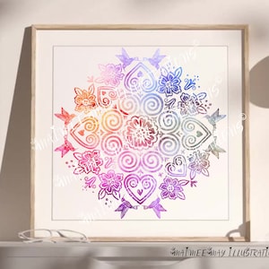 May include: A colourful mandala design with a rainbow gradient, featuring stylised flowers, hearts, and birds. The design is framed in a light wood frame.