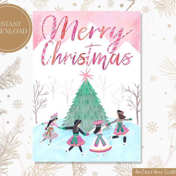 Hmong Girlfriends Sisters Christmas Card Digital Download Instant Download by Maimee May Illustrations