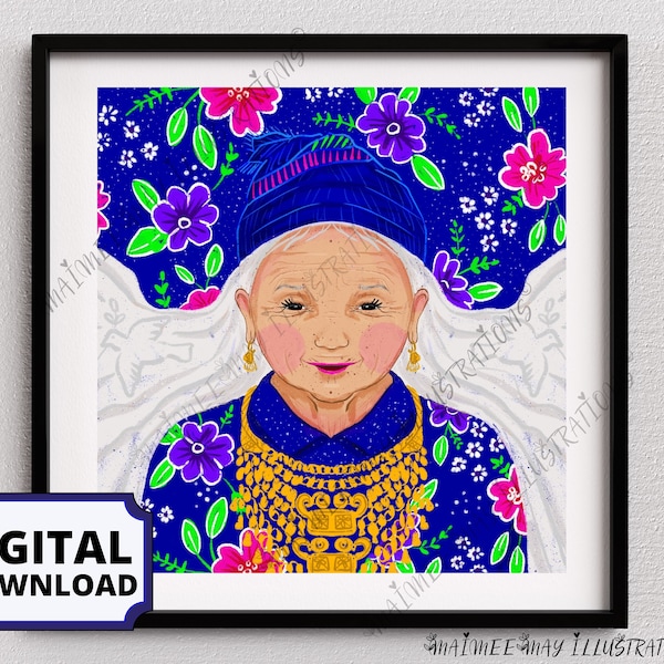 Hmong Wall Art Hmong Grandma Tais Pog Hmong Women Art by Maimee May Illustrations