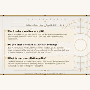 May include: A beige graphic with text about astrology readings. The text includes information about ordering readings as gifts, newborn natal chart readings, and the cancellation policy. The graphic has a circular design.