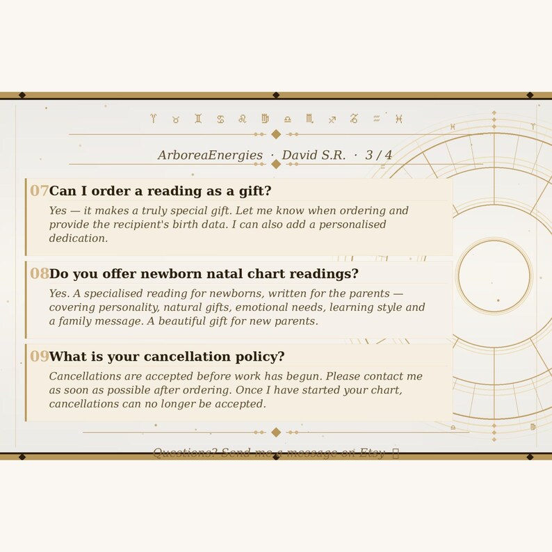 May include: A beige graphic with text about astrology readings. The text includes information about ordering readings as gifts, newborn natal chart readings, and the cancellation policy. The graphic has a circular design.