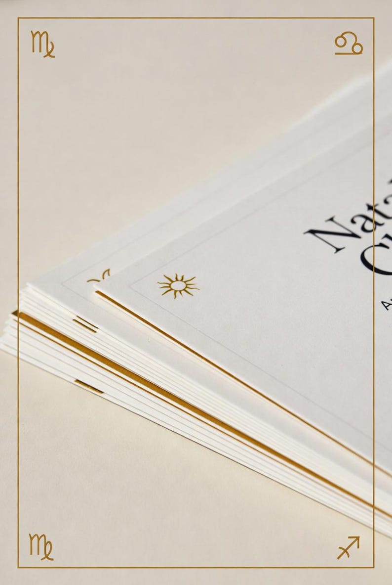 May include: A stack of white paper with gold accents and text. The text reads "Natal Chart". The paper is framed with a gold border and zodiac symbols. The sun symbol is also visible.