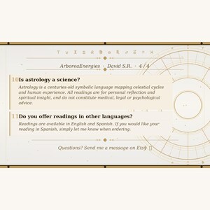 May include: A beige and gold graphic with text about astrology. The text includes the questions "Is astrology a science?" and "Do you offer readings in other languages?" The answers explain astrology and language options.
