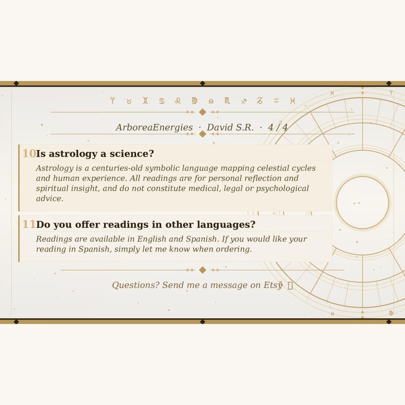 May include: A beige and gold graphic with text about astrology. The text includes the questions "Is astrology a science?" and "Do you offer readings in other languages?" The answers explain astrology and language options.