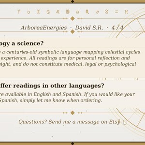 May include: A beige graphic with text about astrology, including the questions: "Is astrology a science?" and "Do you offer readings in other languages?" The text is in English and Spanish. The image also includes a circular astrological chart.