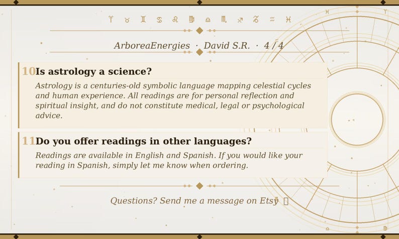 May include: A beige graphic with text about astrology, including the questions: "Is astrology a science?" and "Do you offer readings in other languages?" The text is in English and Spanish. The image also includes a circular astrological chart.