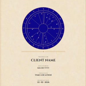 May include: A beige astrology chart featuring a blue zodiac wheel. The text "NATAL CHART READING" and "CLIENT NAME" are displayed. The reference date is 22/05/2026.