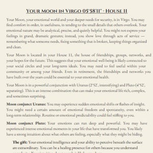 May include: A printed page with the heading "YOUR MOON IN VIRGO 05&deg;58'11" - HOUSE 11". The text discusses the impact of the Moon in Virgo on emotions, relationships, and intuition, including the influence of Uranus and Pluto.