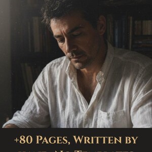 May include: A person in a white shirt, with text at the bottom: "+80 PAGES, WRITTEN BY HAND. NO TEMPLATES". The background shows a bookshelf. The image has a warm, soft lighting.