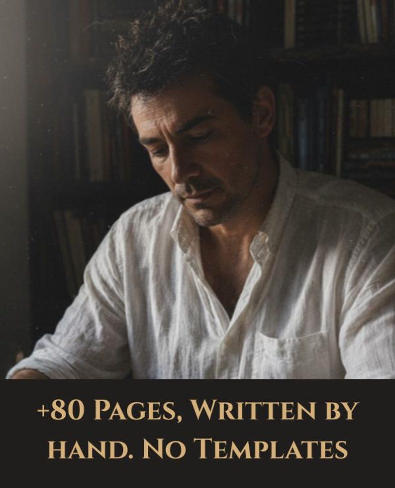 May include: A person in a white shirt, with text at the bottom: "+80 PAGES, WRITTEN BY HAND. NO TEMPLATES". The background shows a bookshelf. The image has a warm, soft lighting.