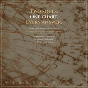 May include: A sepia-toned image featuring a map design with the text "TWO SOULS. ONE CHART. EVERY ANSWER." It advertises a reading for couples, ideal for Valentine's Day, anniversaries, engagements, weddings, or any occasion. Zodiac symbols are at the bottom.