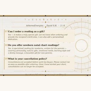 K&ouml;nnte beinhalten: Beige Grafik mit Text &uuml;ber Astrologie-Lesungen. Der Text enth&auml;lt Informationen &uuml;ber die Bestellung von Lesungen als Geschenke, Neugeborenen-Geburtshoroskop-Lesungen und die Stornierungsbedingungen. Die Grafik hat ein kreisf&ouml;rmiges Design.