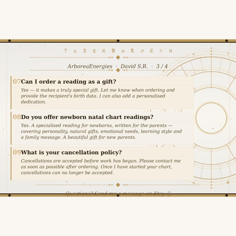 K&ouml;nnte beinhalten: Beige Grafik mit Text &uuml;ber Astrologie-Lesungen. Der Text enth&auml;lt Informationen &uuml;ber die Bestellung von Lesungen als Geschenke, Neugeborenen-Geburtshoroskop-Lesungen und die Stornierungsbedingungen. Die Grafik hat ein kreisf&ouml;rmiges Design.