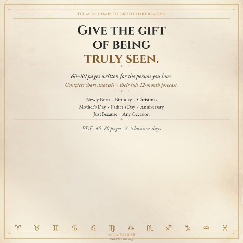 Peut inclure: Graphique beige avec le texte &laquo;&nbsp;OFFREZ LE CADEAU D'&Ecirc;TRE VRAIMENT VU&nbsp;&raquo;. Il fait la promotion d'une lecture de th&egrave;me astral, comprenant une analyse de 60 &agrave; 80 pages et des pr&eacute;visions sur 12 mois. Id&eacute;al pour les anniversaires. Livraison PDF en 2 &agrave; 5 jours ouvrables.