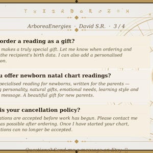 May include: A beige and gold graphic with text about astrology readings. The text includes questions about ordering readings as gifts, newborn natal chart readings, and cancellation policies. The image has a circular design element.