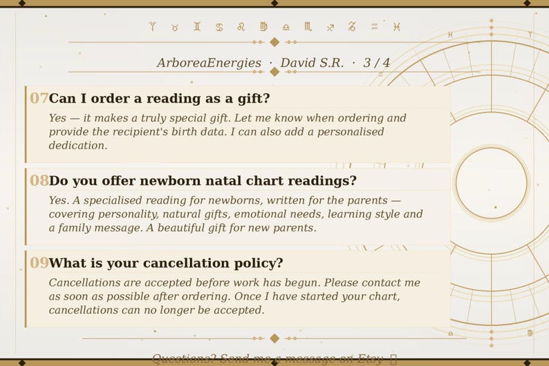 May include: A beige and gold graphic with text about astrology readings. The text includes questions about ordering readings as gifts, newborn natal chart readings, and cancellation policies. The image has a circular design element.
