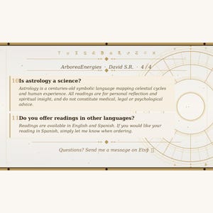 K&ouml;nnte beinhalten: Eine beige-goldene Grafik mit Text &uuml;ber Astrologie. Der Text enth&auml;lt die Fragen "Ist Astrologie eine Wissenschaft?" und "Bieten Sie Lesungen in anderen Sprachen an?" Die Antworten erkl&auml;ren Astrologie und Sprachoptionen.