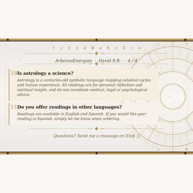 K&ouml;nnte beinhalten: Eine beige-goldene Grafik mit Text &uuml;ber Astrologie. Der Text enth&auml;lt die Fragen "Ist Astrologie eine Wissenschaft?" und "Bieten Sie Lesungen in anderen Sprachen an?" Die Antworten erkl&auml;ren Astrologie und Sprachoptionen.