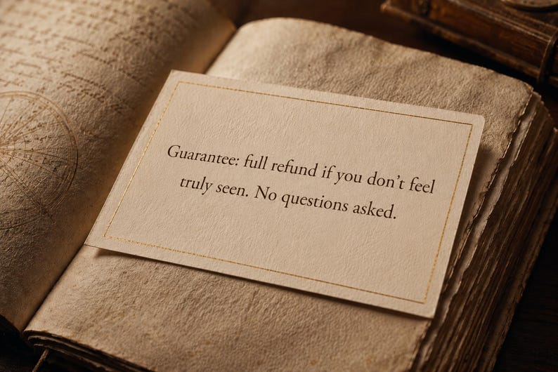 Peut inclure: Un livre ouvert de style vintage avec des pages vieillies et textur&eacute;es. Une carte cr&egrave;me avec une bordure dor&eacute;e repose sur les pages, affichant le texte : "Garantie : remboursement int&eacute;gral si vous ne vous sentez pas vraiment vu. Sans questions."