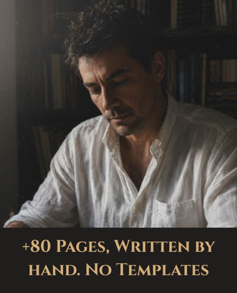 Peut inclure: Un homme portant une chemise blanche, avec le texte "+80 PAGES, WRITTEN BY HAND. NO TEMPLATES" en bas. L'arri&egrave;re-plan montre une biblioth&egrave;que. L'image a une tonalit&eacute; douce et chaleureuse.