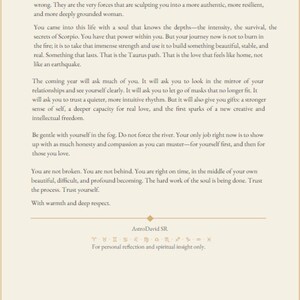 Peut inclure: Une page de livre avec le titre "FINAL MESSAGE" en haut. Le texte est en noir sur un fond cr&egrave;me. Le texte comprend des r&eacute;flexions astrologiques et des affirmations. Le nom de l'auteur, AstroDavid SR, est en bas.