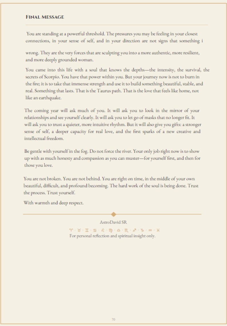 Peut inclure: Une page de livre avec le titre "FINAL MESSAGE" en haut. Le texte est en noir sur un fond cr&egrave;me. Le texte comprend des r&eacute;flexions astrologiques et des affirmations. Le nom de l'auteur, AstroDavid SR, est en bas.