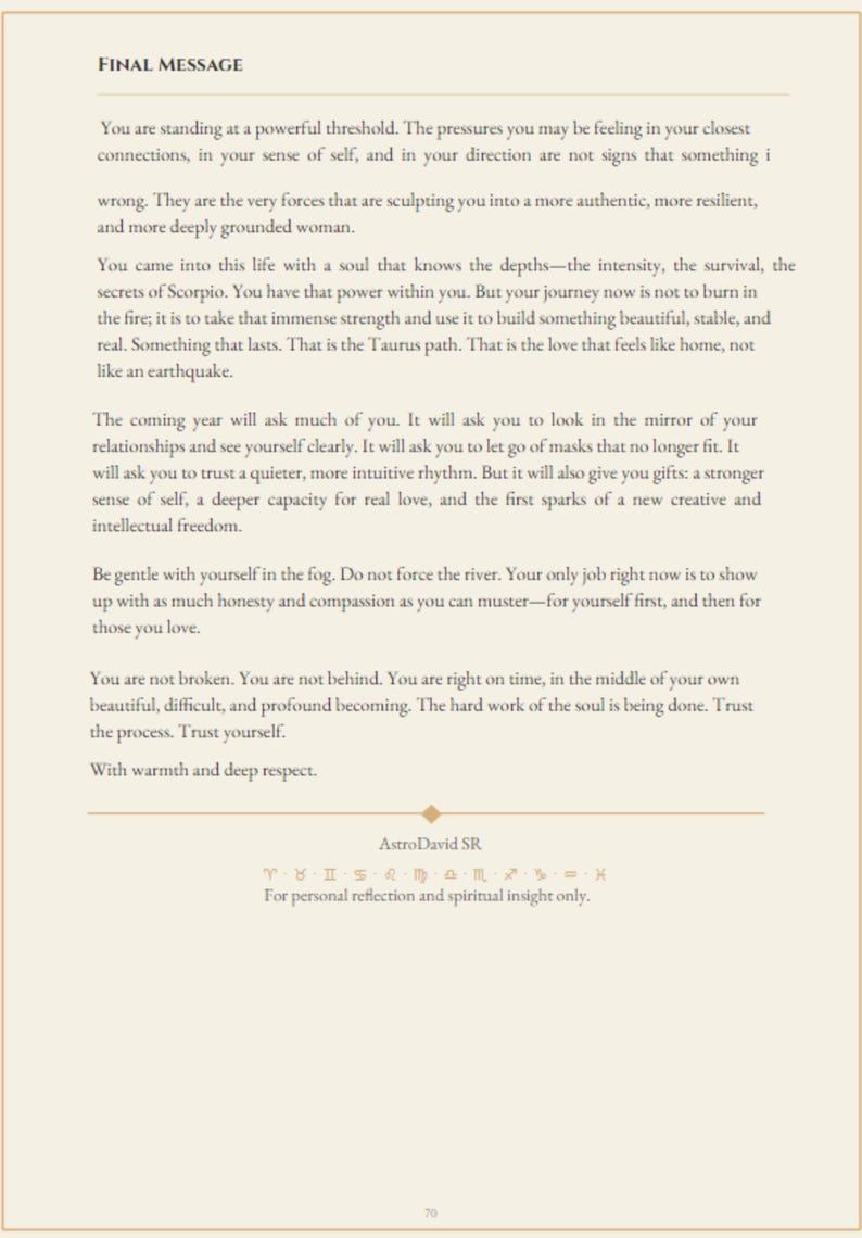 May include: A page from a book with the title "FINAL MESSAGE" at the top. The text is in black font on a cream-coloured background. The text includes astrological insights and affirmations. The author's name, AstroDavid SR, is at the bottom.