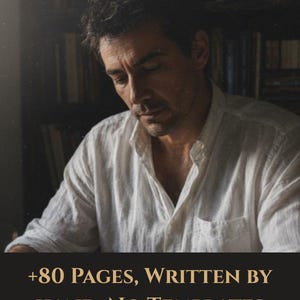May include: A man wearing a white button-down shirt, with the text "+80 PAGES, WRITTEN BY HAND. NO TEMPLATES" at the bottom. The background features a bookshelf. The image has a warm, soft lighting.