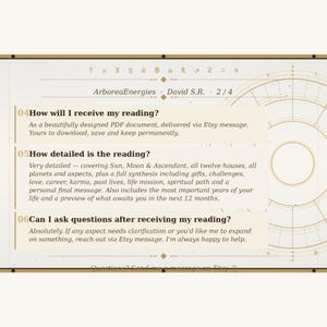 May include: A beige document with text about astrology readings. The text includes questions and answers about the reading's details, delivery, and post-reading support. The document is from ArboreaEnergies.