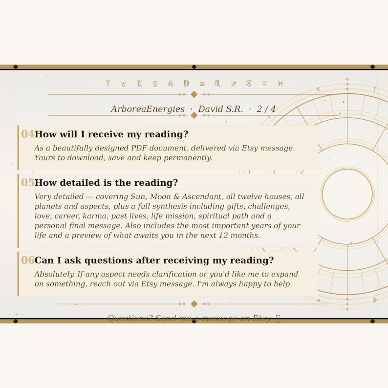 May include: A beige document with text about astrology readings. The text includes questions and answers about the reading's details, delivery, and post-reading support. The document is from ArboreaEnergies.