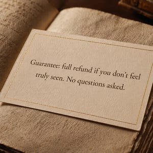 May include: A vintage-style open book with aged, textured pages. A cream-colored card with gold trim rests on the pages, displaying the text: "Guarantee: full refund if you don't feel truly seen. No questions asked."