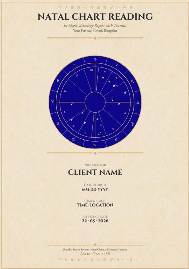 May include: A beige astrology chart with a blue zodiac wheel at the center. The chart includes the text "NATAL CHART READING" and "CLIENT NAME". The reference date is 05/22/2026.