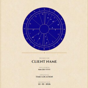 Peut inclure: Un th&egrave;me astral beige avec une roue zodiacale bleue au centre. Le texte "NATAL CHART READING" et "CLIENT NAME" sont pr&eacute;sents. La date de r&eacute;f&eacute;rence est le 22/05/2026.
