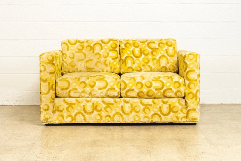 Vintage Mid Century Modern Loveseat Mod Yellow Upholstered Etsy