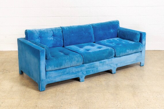 Vintage Mid Century Modern Blue Velvet Upholstered Three-Seat | Etsy