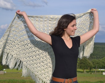 RESA + châle au crochet dans un superbe motif, étole, châle d'épaule, toutes les couleurs possibles, châle triangulaire avec franges