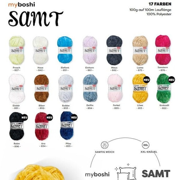 54,90 / 1 kg + myboshi SAMT in 17 Farben, 100g = 100m Amigurumi-Wolle für Flausch-Liebhaber und Fashionistas, geeignet für Amigurumi