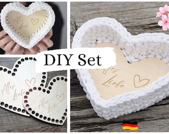 DIY Set HEART in Wunschfarbe häkeln, in 3 Größen, toller Geschenkkorb, Muttertag Geschenk, Dekokorb Häkelkorb, Utensilo, mit/ohne Anleitung