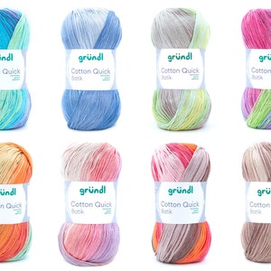 May include: Eight balls of yarn in various colour combinations, including blue, green, pink, orange, and brown. Each ball has a white label with the text "gründl Cotton Quick Batik".