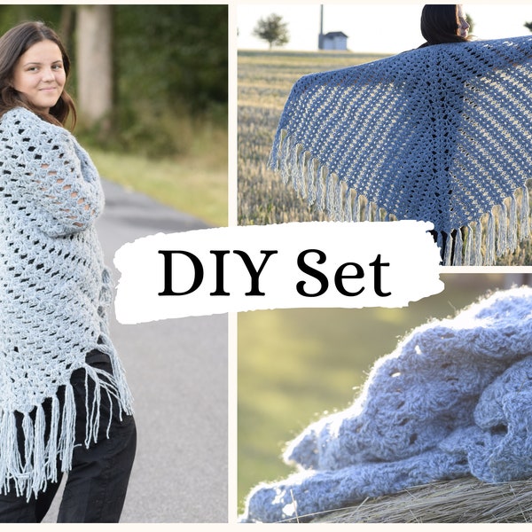 Kit DIY pour l'étole JOHANNE, étole au crochet en set, superbe châle au crochet à crocheter soi-même, avec et sans instructions en allemand