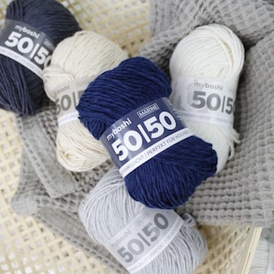 50-50 myboshi in 30 kleuren, 50g = 100m, voor alle seizoenen, gemaakt van katoen en merino, huidvriendelijk, Oeko-Tex gecertificeerd, kleding